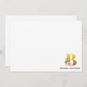 ピンクのフローラフェイク金ゴールド文字Bモノグラム名 ノートカード (正面/裏面)