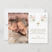 ピンクのフローラフォトガールズツインズバプテスマ金ゴールド サンキューカード (正面)