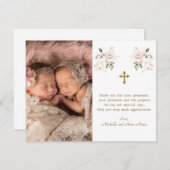 ピンクのフローラフォトガールズツインズバプテスマ金ゴールド サンキューカード (正面/裏面)