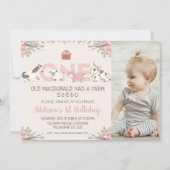 ピンクのフローラフォトファームファーミヤード1歳の誕生日 招待状 (正面)