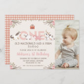 ピンクのフローラフォトファームファーミヤード1歳の誕生日 招待状 (正面/裏面)