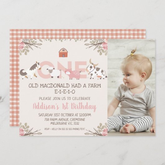 ピンクのフローラフォトファームファーミヤード1歳の誕生日 招待状 (正面/裏面)