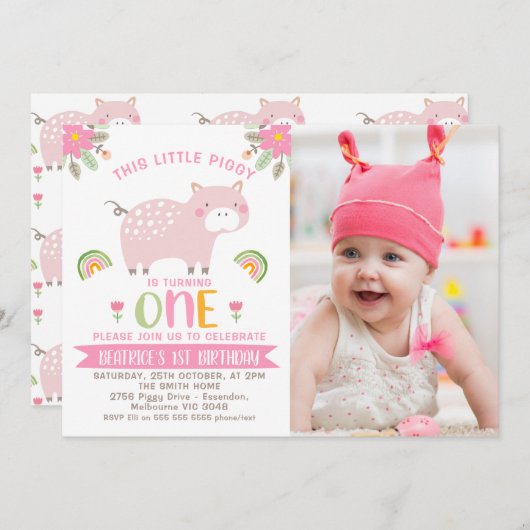 ピンクのフローラフォトリトルピギー1st誕生日 招待状 (正面/裏面)