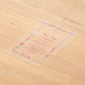 ピンクのフローラフレームの最初の聖体澄ん アクリル招待状 (レイダウン)