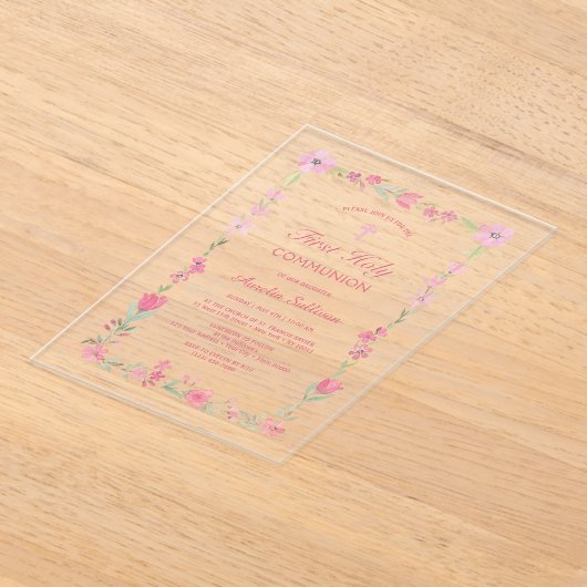 ピンクのフローラフレームの最初の聖体澄ん アクリル招待状 (レイダウン)