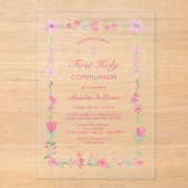 ピンクのフローラフレームの最初の聖体澄ん アクリル招待状 (正面)