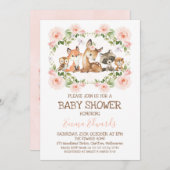 ピンクのフローラフレームウッドランドをテーマにした赤ちゃんシャワー 招待状 (正面/裏面)