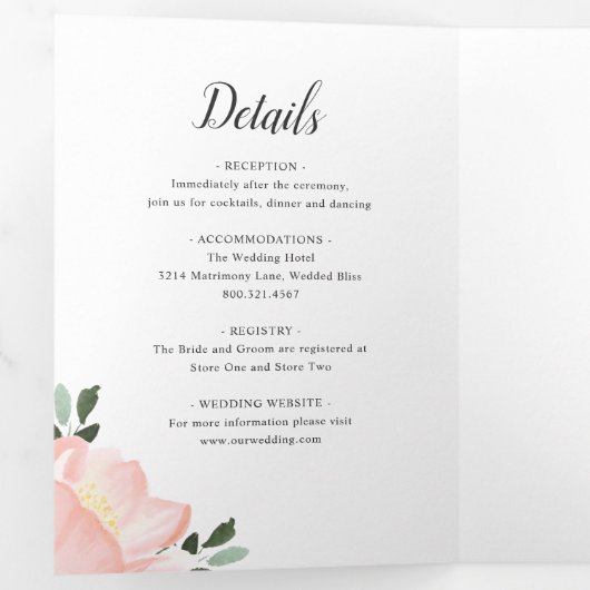 ピンクのフローラフレームエレガントな結婚式 三つ折り招待状 (内部最初)