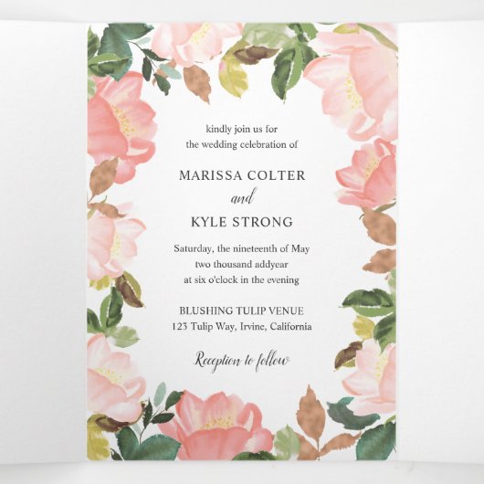 ピンクのフローラフレームエレガントな結婚式 三つ折り招待状 (内部中)