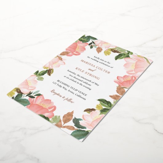 ピンクのフローラフレームエレガントな結婚式 箔招待状 (回転した状態)