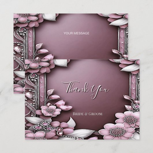 ピンクのフローラフレームサンキューカード サンキューカード (正面/裏面)