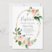ピンクのフローラフレームバプテスマ 招待状 (正面)