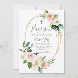 ピンクのフローラフレームバプテスマ 招待状