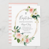 ピンクのフローラフレームバプテスマ 招待状 (正面/裏面)