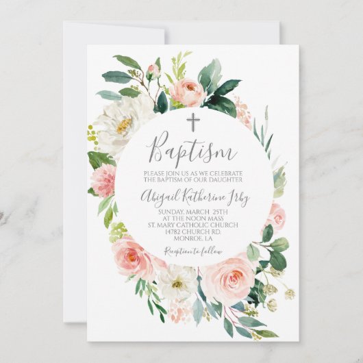 ピンクのフローラフレームバプテスマ 招待状 (正面)
