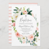 ピンクのフローラフレームバプテスマ 招待状 (正面/裏面)