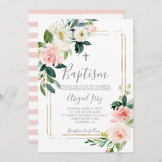 ピンクのフローラフレームバプテスマ 招待状 (正面/裏面)