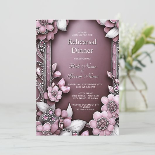 ピンクのフローラフレームリハーサルディナー 招待状 (スタンド正面)