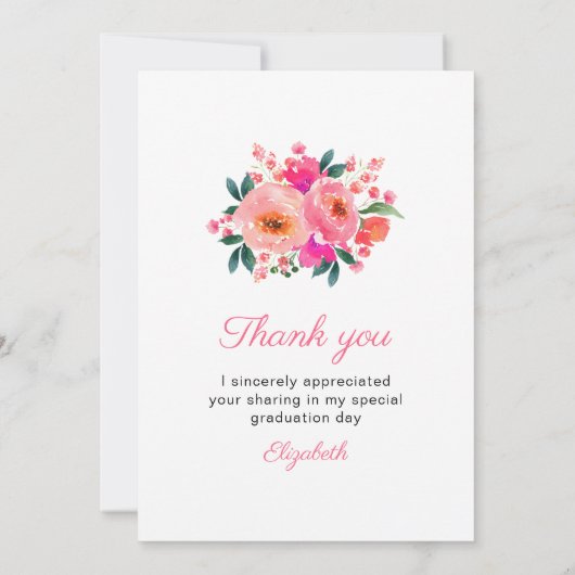 ピンクのフローラフレーム卒業写真ありがとう サンキューカード (裏面)