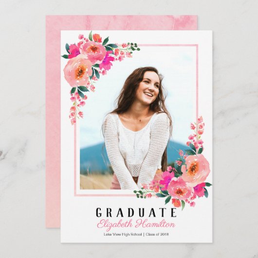 ピンクのフローラフレーム卒業発表写真 案内状 (正面/裏面)
