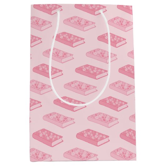 ピンクのフローラブックパターン ミディアムペーパーバッグ (正面)