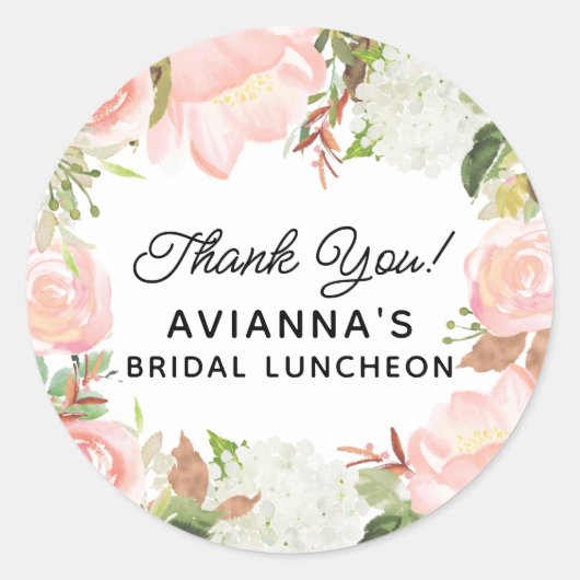 ピンクのフローラブライダルシャワーありがとう ラウンドシール (正面)