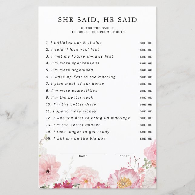 ピンクのフローラブライダルシャワーと彼女は言った (正面)