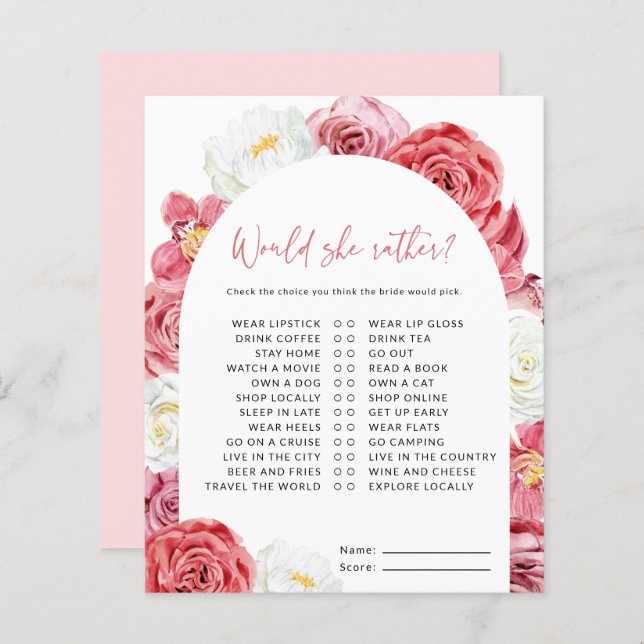 ピンクのフローラブライダルシャワーは彼女はむしろゲームだろう (正面/裏面)