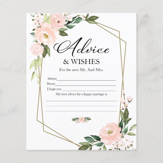 ピンクのフローラブライダルシャワーアドバイス&ウィッシュカード (正面)