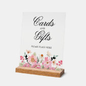 ピンクのフローラブライダルシャワーカードとギフト アクリルサイン (傾斜)