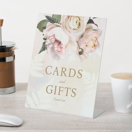 ピンクのフローラブライダルシャワーギフトとカードサイン 台座サイン (インサイチュ)
