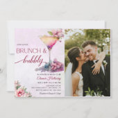 ピンクのフローラブライダルシャワーブランチとバブリー写真 招待状 (正面)