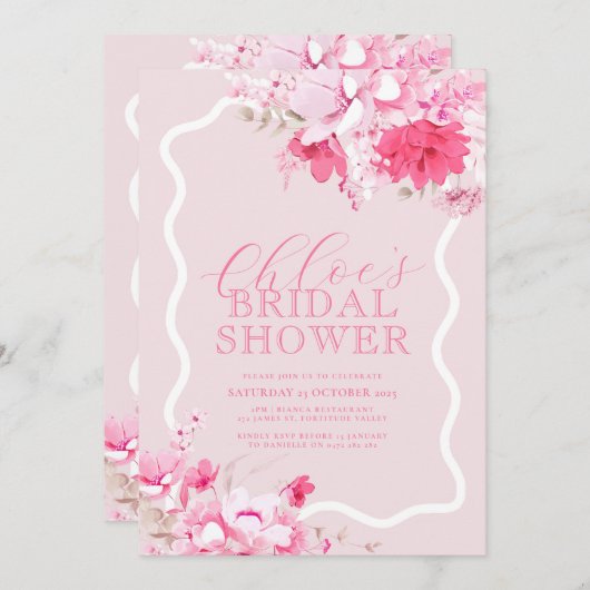 ピンクのフローラブライダルシャワー招待 – Keira 招待状 (正面/裏面)