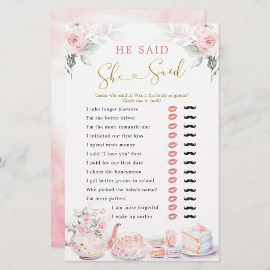 ピンクのフローラブライダルティーパーティー彼は彼女が言った (正面/裏面)