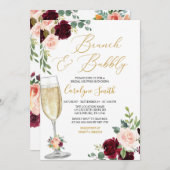 ピンクのフローラブランチとバブリーブライダルシャワー 招待状 (正面/裏面)