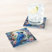 ピンクのフローラブルージェイ鳥ステンドグラス ガラスコースター (アングル)