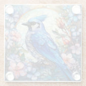 ピンクのフローラブルージェイ鳥ステンドグラス ガラスコースター (裏面)