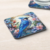 ピンクのフローラブルージェイ鳥ステンドグラス コースター (左側)