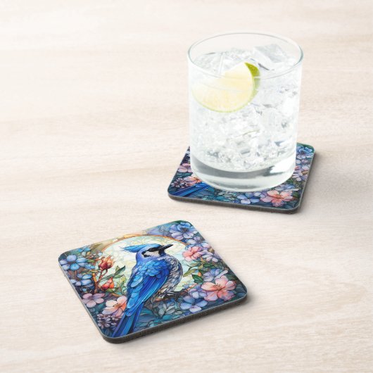 ピンクのフローラブルージェイ鳥ステンドグラス コースター (右側)