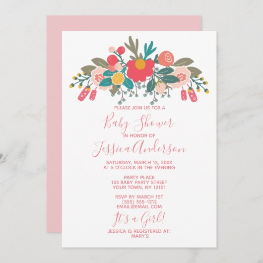 ピンクのフローラブーケベビーシャワー 招待状 (正面/裏面)