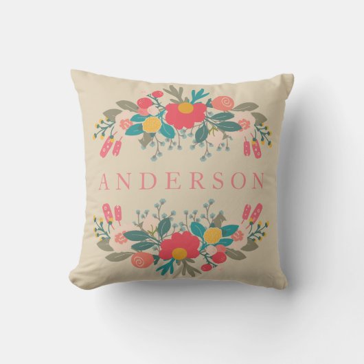 ピンクのフローラブーケ（名前あり） クッション (正面)