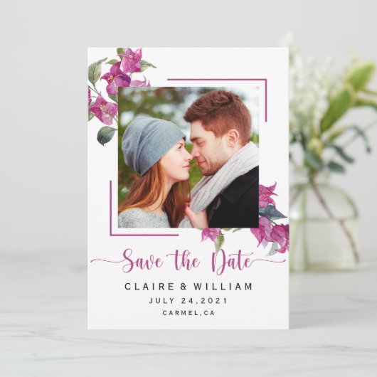 ピンクのフローラブーゲンビリーウェディング日付を保存 セーブザデート (スタンド正面)