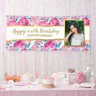 ピンクのフローラプリント、任意の年齢、カスタム写真誕生日 横断幕