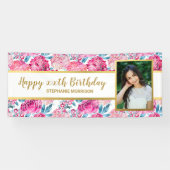 ピンクのフローラプリント、任意の年齢、カスタム写真誕生日 横断幕 (横)