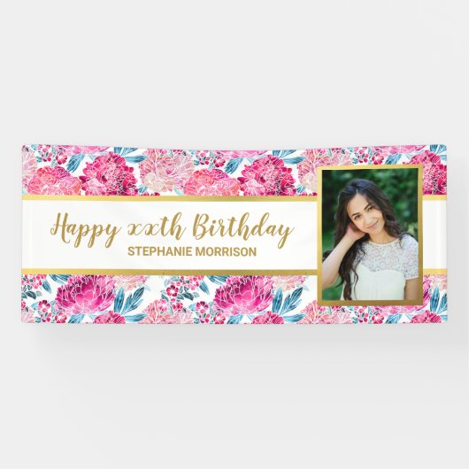 ピンクのフローラプリント、任意の年齢、カスタム写真誕生日 横断幕 (横)