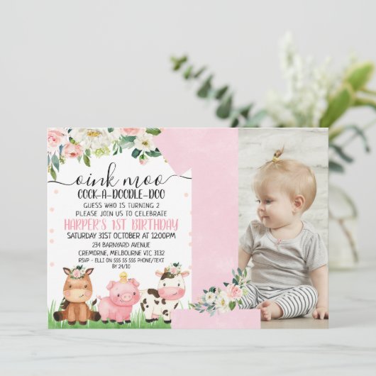 ピンクのフローラプレイドファーム写真1st誕生日 招待状 (スタンド正面)