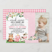 ピンクのフローラプレイドファーム写真1st誕生日 招待状 (正面/裏面)