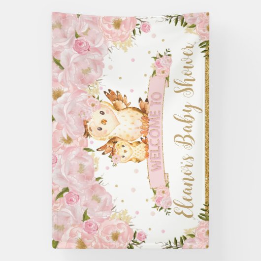 ピンクのフローラベビーとモミフクロウ歓迎の背景 横断幕 (縦)