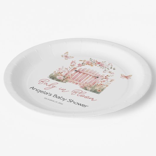 ピンクのフローラベビーの開花蝶の赤ちゃんシャワー ペーパープレート (アングル)