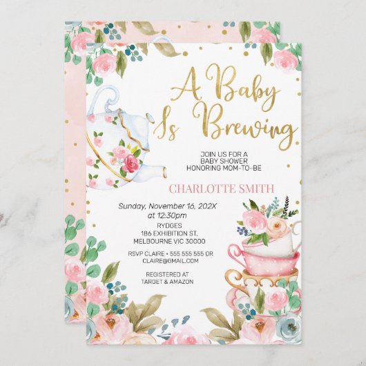 ピンクのフローラベビーは醸造ベビーシャワー招待状 招待状 (正面/裏面)